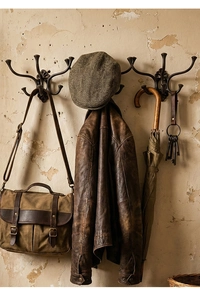 Detail of vintage cast iron wall hooks with retro leather jacket and canvas messenger bag