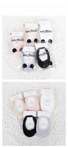 Flat view of five pairs of girls' lace cotton boat socks in pink, beige, and white