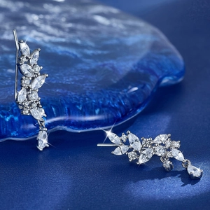 Elegant S925 sterling silver leaf ear cuffs with marquise zircon stones in silver finish