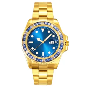 Luxury gold stainless steel watch with blue dial and diamond-set bezel for men