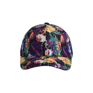 Detail of baseball cap crown featuring vibrant tropical floral and colorful skull print