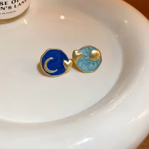 Asymmetric Sun Moon Heart Stud Earrings Alloy Enamel Blue French Style With Silver Earring Post For Women