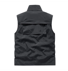 Detail view of the breathable back panel and water-resistant nylon fabric on the outdoor vest
