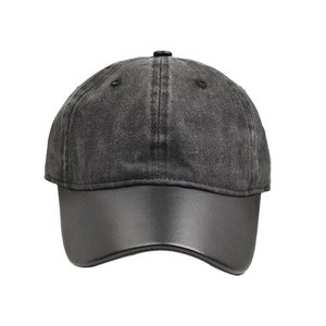 Classic washed cotton baseball cap in black and grey with premium matte leather brim