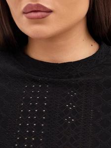 Detailed view of black hollow crochet fabric and round neckline on a summer pajama top