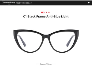 Front view of black cat-eye glasses frame with blue light blocking lenses for women