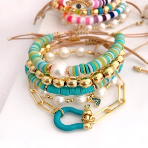 Handmade Beaded Bracelets For Women Boho Layered Artificial Pearl Soft Clay Slices Gold Metal Beads Evil Eye Heart Charm