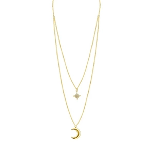 Detail of gold layered necklace featuring a sparkling star and polished moon pendant