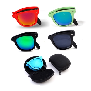 Foldable classic sunglasses in various colors with portable cases on white background