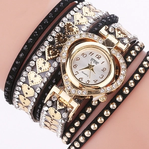 Multi-layer wrap bracelet watch with rhinestone heart-shaped dial and black studded straps