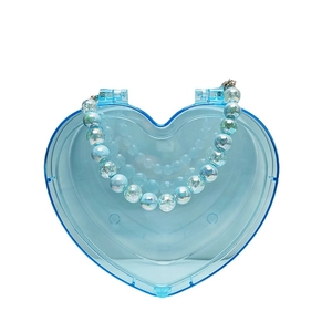 Blue heart-shaped beaded handbag with iridescent faux pearl handle for jewelry storage