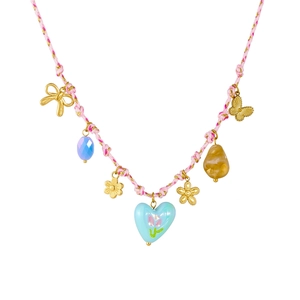 Pink braided cord necklace with gold bow, flower, and blue tulip heart pendant on white back
