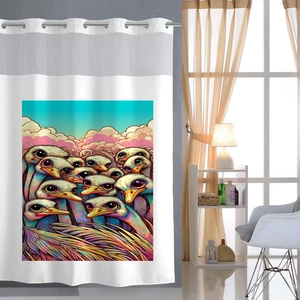 Detail of waterproof bathroom curtain featuring artistic colorful ostrich animal prints