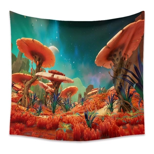 Detailed surreal mushroom landscape print on bohemian tapestry with vibrant alien planet scene