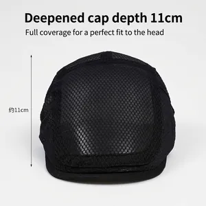 Men's breathable black mesh flat cap with sun protection and 11cm deep crown design