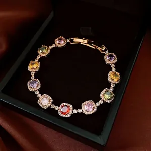 Vintage Multi Color Square Zircon Bracelet Gold Plated Copper Geometric Luxury Jewelry For Women