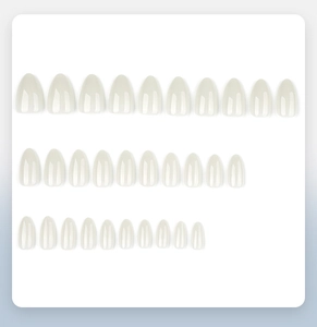 Detailed set of 30 milky white almond shaped press-on nails in various sizes