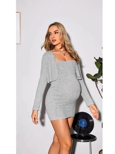Robe De Maternité En Tricot À Bretelles Et Cardigan À Manches Longues Tenue Décontractée Élégante Pour Femmes Enceintes Uni