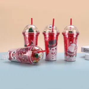 Christmas Double Layer Plastic Straw Cup Cartoon Santa Snowman 3D Lid Portable Reusable Holiday Gift Tumbler