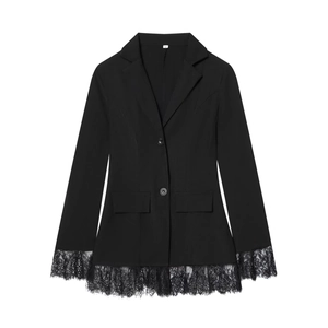 Slim fit black blazer with elegant lace splicing on cuffs and hem, centered front view