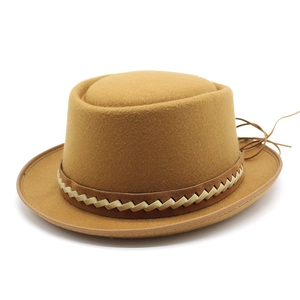 Flat Top Wool Felt Pork Pie Hat Retro British Style Boater Hat With Braided Band Leather Cord For Men Women