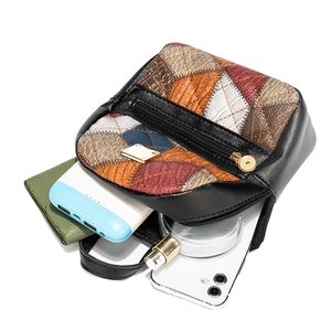 Plaid patchwork PU leather backpack for women showing interior space for phone and wallet