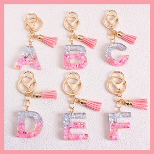 Fashion Glitter Resin English Letter Keychain With Colorful Tassel Gold Metal Key Ring Pendant Alphabet Jewelry For Women