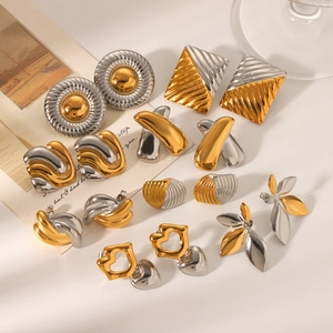 Two-tone gold and silver geometric stainless steel earrings in various artistic designs