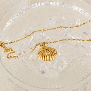 Detailed shot of golden shell pendant necklace with small bead chain on a glass tray