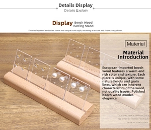Detail view of the beech wood base and acrylic earring display stand with slots