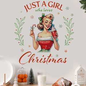 Detail eines Vintage Weihnachts Mädchen Wandtattoos mit Schneeflocken und Frühstücksszene