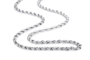 Close-up of twisted rope chain necklace in silver stainless steel with detailed metal texture