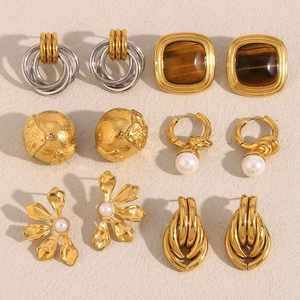 Vintage 18K Gold Plated Stainless Steel Stud Earrings Artificial Pearl Flower Geometric Square Tiger Eye For Women Accessory
