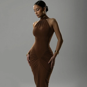 Detailed view of the slim-fit chocolate brown sleeveless maxi dress with waist pleats