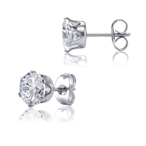 Classic round cubic zirconia stud earrings in high-polish stainless steel with reflections