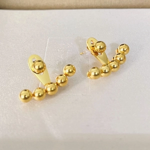Minimalist polished golden ball stud earrings with curved five-bead back jackets