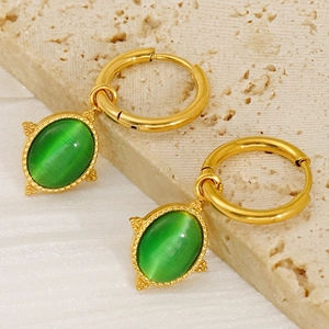 Elegant 18K gold stainless steel hoop earrings with oval green cat-eye stone pendants