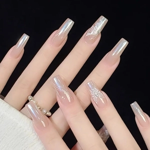 Faux Ongles Longs Cercueil Dégradé Rose Nude Motif Papillon Blanc Finition Künstliche Perle Laser Plastique ABS Pour Femmes