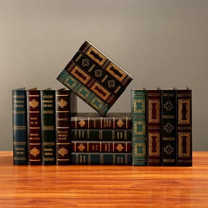 European vintage decorative faux book box set with gold lettering for office shelf decor