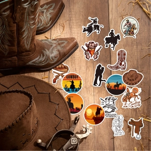 Western cowboy themed stickers featuring rodeo motifs on a rustic dark wood background
