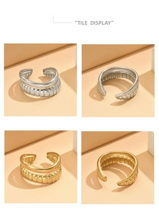Detail showing double-layered stainless steel ring with ribbed texture and smooth band finish