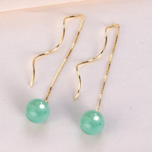 Elegant S925 silver wave ear threads with green aventurine jade beads in gold finish