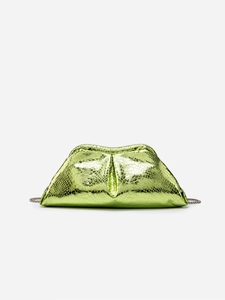 Detail of bright green snakeskin textured cloud clutch with metallic chain strap