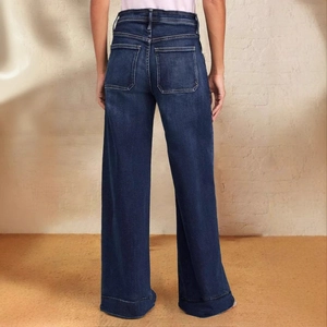 Deep blue wide leg denim jeans for women with back pocket detail and stylish cut