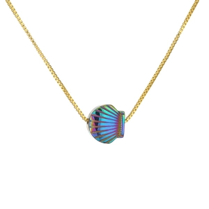 Elegant gold box chain necklace with an iridescent purple shell fan-shaped pendant