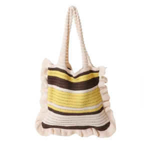 Handmade striped crochet tote bag with ruffles and shoulder strap in beige and yellow