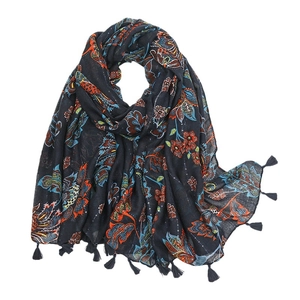 Retro blue and white porcelain floral scarf with tassels and soft linen-feel fabric