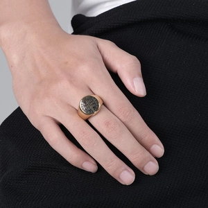 Mens vintage golden Saint Benedict medal signet ring made of polished stainless steel