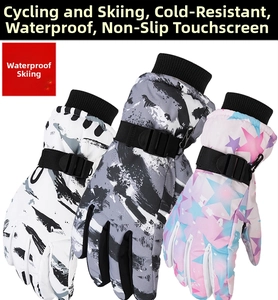 Waterproof ski gloves featuring camouflage, marble, and star patterns with knit cuffs