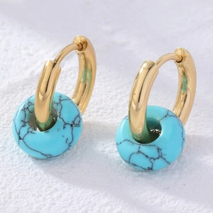 French vintage donut earrings with green turquoise stone and gold hoop for women